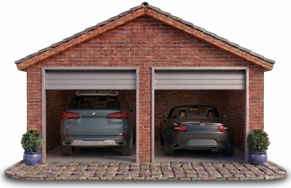A two-car garage holding a BMW X5 and a Mazda Miata, each tagged with its current Visor market value.